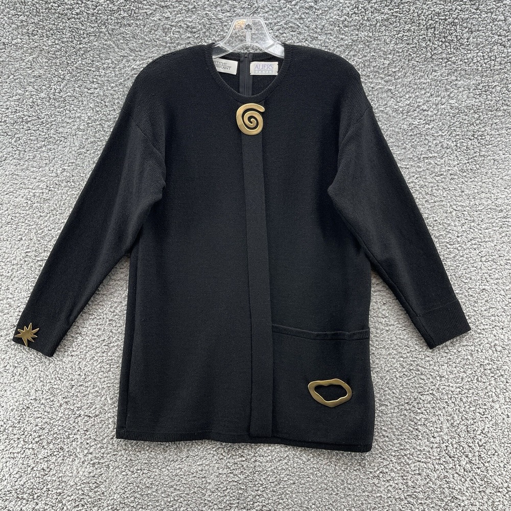 VTG 80s Steve Fabrikant Sweater Womens Medium Black Wool Gold Art‎ Button Tunic